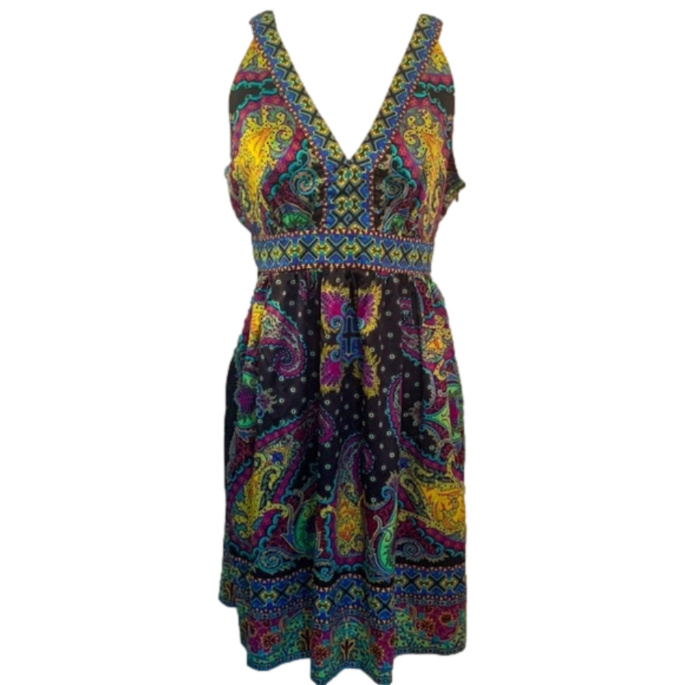 Vintage Y2K ECI New York Vintage Peacock Plunge Silk Midi Sleeveless Dress